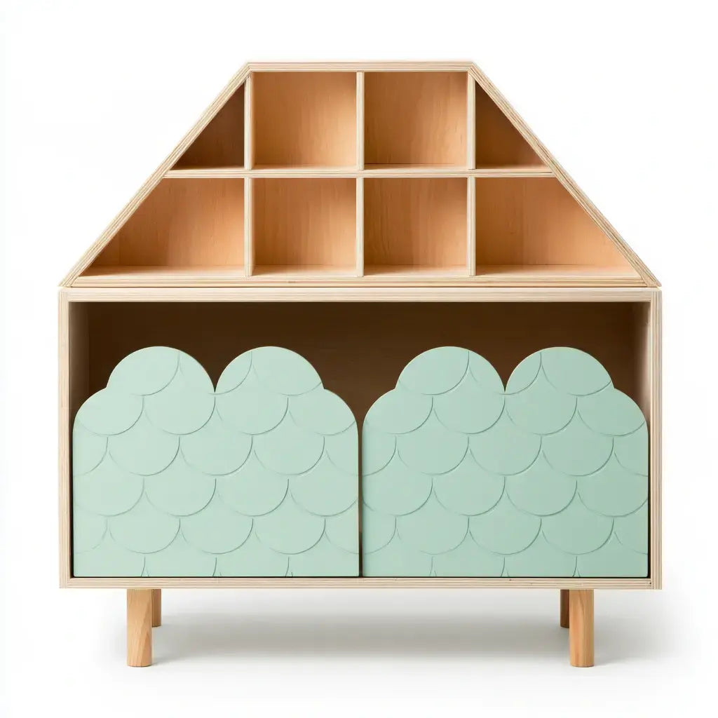 Aparador con forma de casa con puertas decoradas - beige/verde