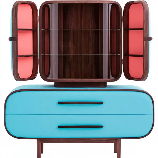 Vitrina con puertas curvas y cajones anchos - azul/rosa/marrón - aluminumgardenbench