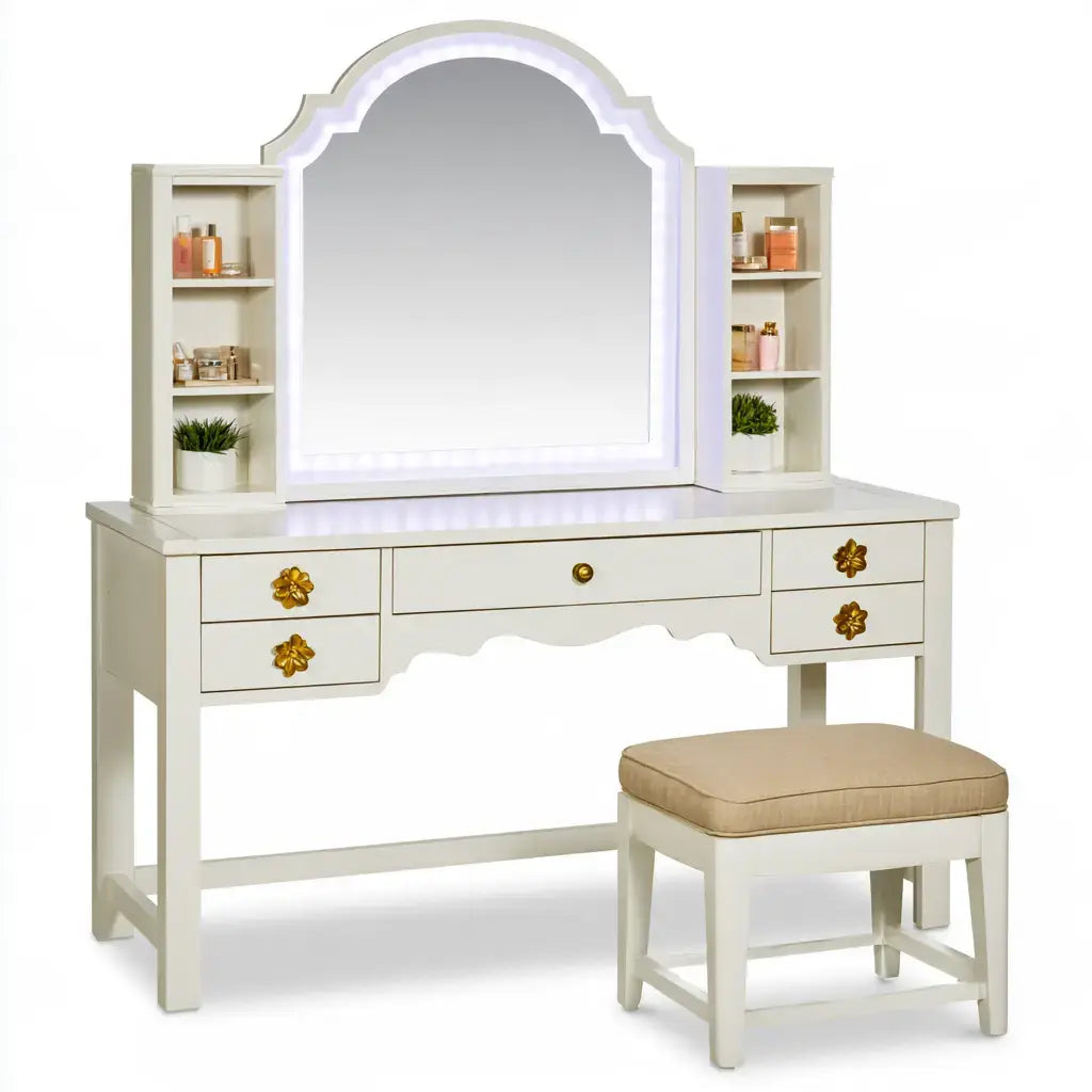 Tocador con espejo arqueado y estantes laterales - blanco - aluminumgardenbench