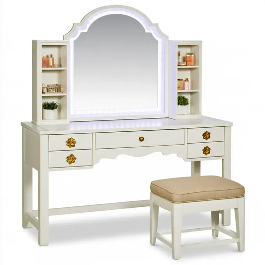 Tocador con espejo arqueado y estantes laterales - blanco - aluminumgardenbench