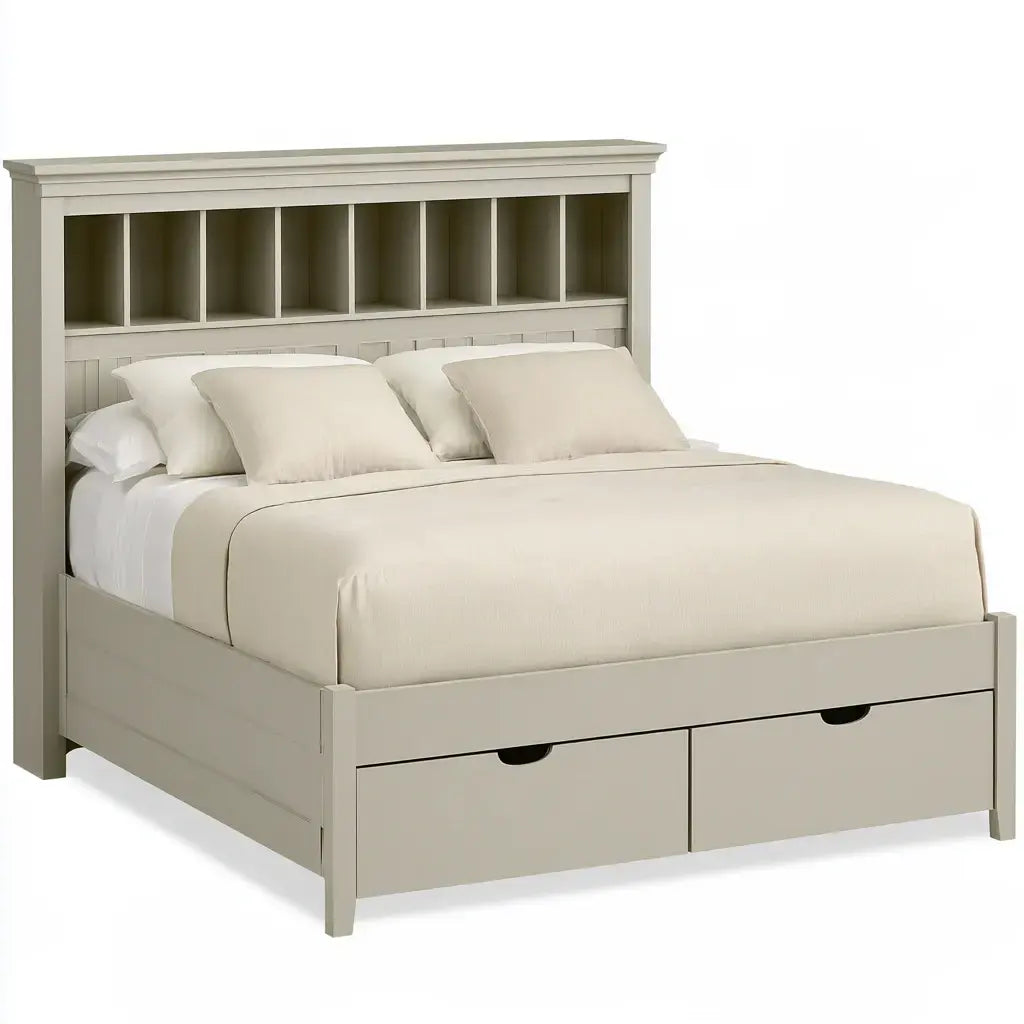 Cama con cabecero de estantes y cajones bajos - beige - aluminumgardenbench