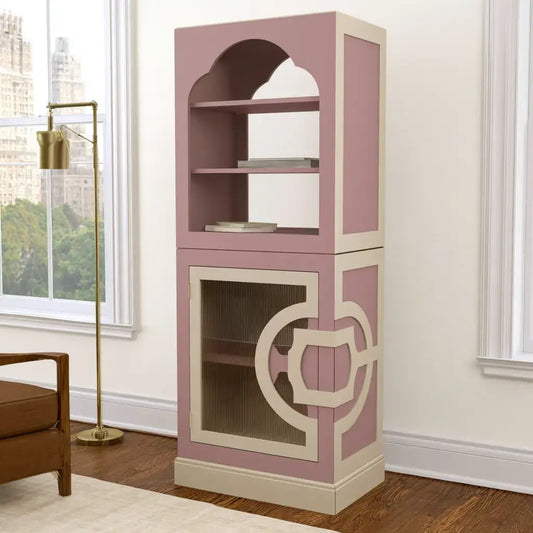 Estantería con remate arqueado y puerta geométrica - rosa/beige